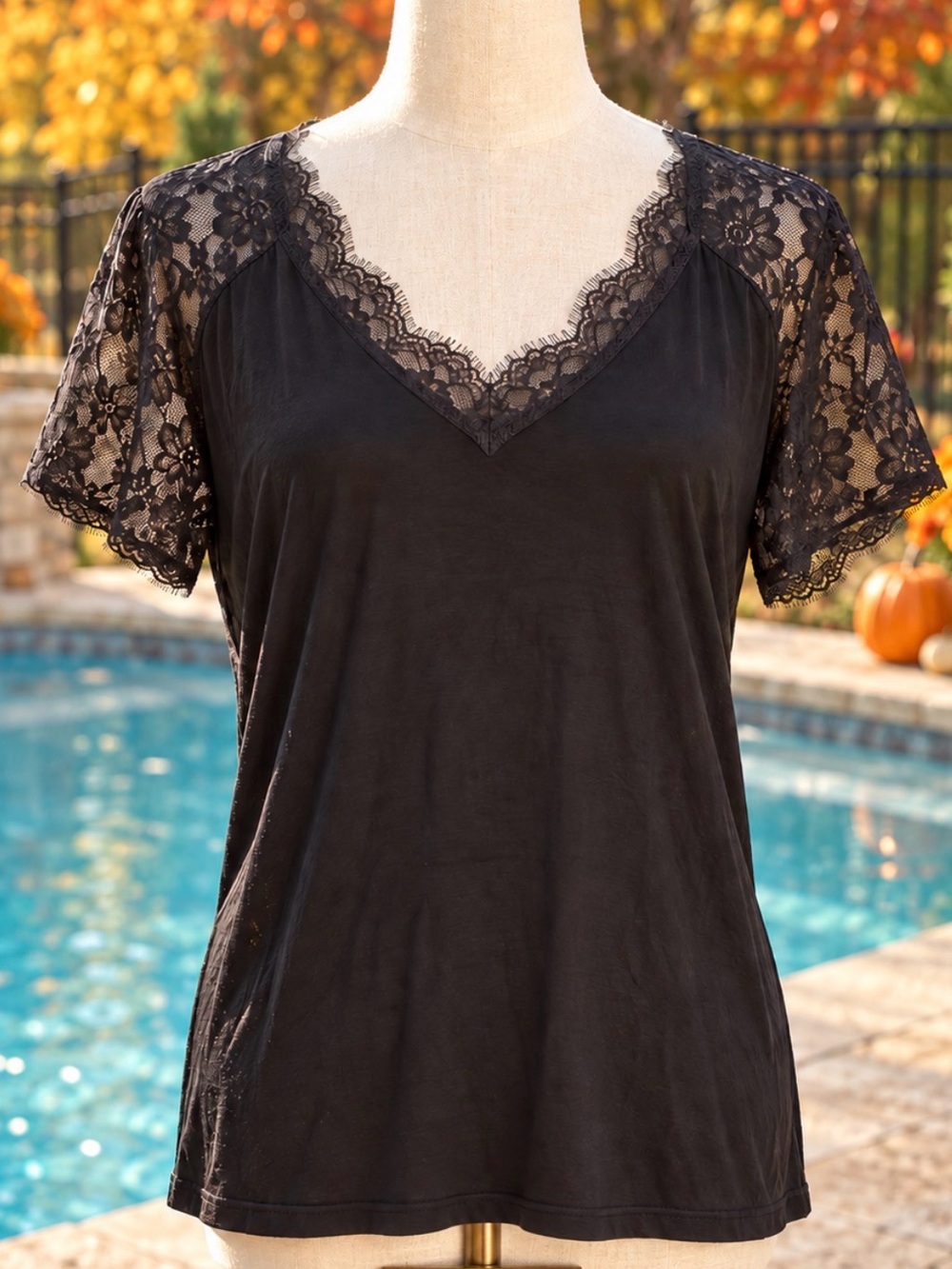 Vici Black Lace V-Neck Short Sleeve Chemise Top